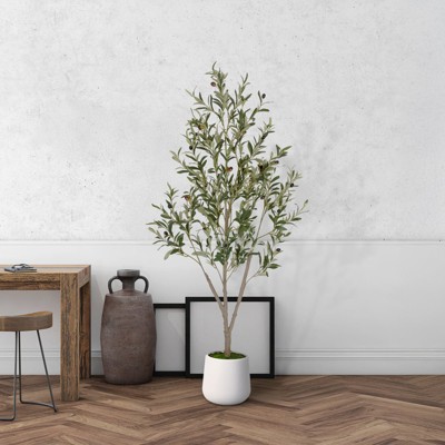 Romswi Artificial Olive Tree with White Pot, 5-7 ft Large Faux Olive Trees, Natural Wood Trunk and Realistic Fruits for Indoor Office Home Decor