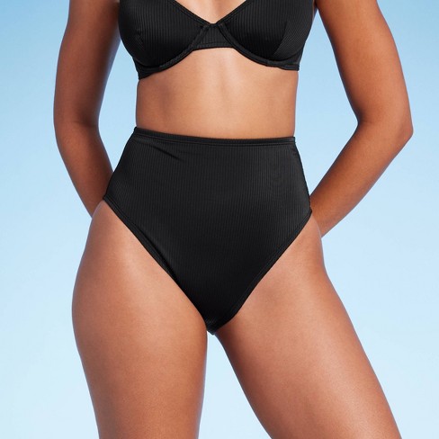 Women's High Waist High Leg Ribbed Medium Coverage Bikini Bottom - Shade &  Shore™ Black XS