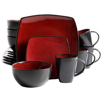 Gibson Home Soho Lounge 16 Piece Soft Square Stoneware Dinnerware Set in Red
