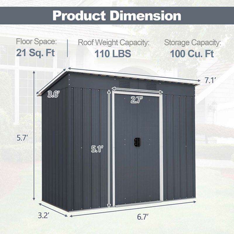 Costway 3.6' x 7.1' Outside Garden Storage Shed Tool House with Ground Foundation Frame, 4 of 11