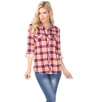 Women's Oakley Stretchy Plaid Tunic Top with Pockets - White Mark