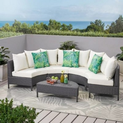 5-Piece Outdoor Wicker Half-Circle Patio Conversation Set with Cushions, Modular Sectional Sofa and Coffee Table for Backyard– The Pop Home