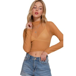 Slickblue Women's Mock Neck Mesh Top, Long Sleeve Sheer Fit, Stretch Nylon Blend, Khaki/Peach, Size S-L - 1 of 4