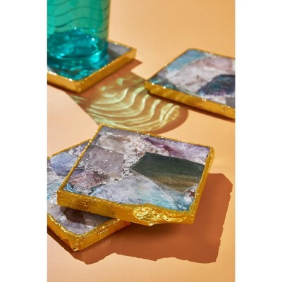 Multicolor Agate Stone Coasters with Gold Edges, Set of 4