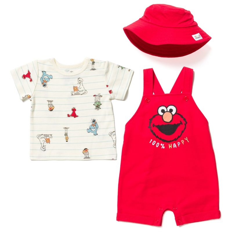 Sesame Street Elmo Baby French Terry Short Overalls T-Shirt and Hat 3 Piece Outfit Set Newborn to Infant, 1 of 12