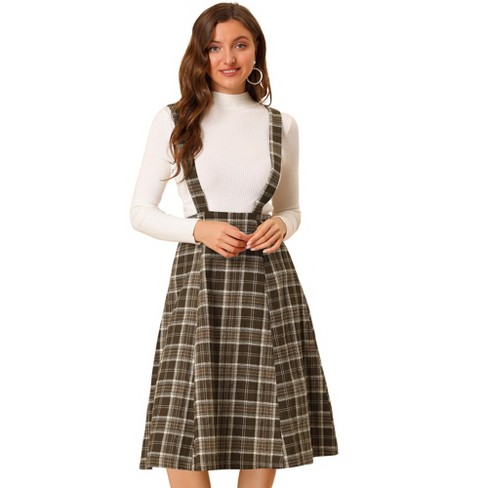 Allegra K Women's Vintage Plaid A-line Tartan Suspender Midi Skirt