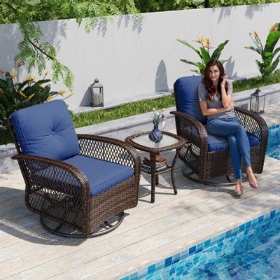 Aoxun 3 Piece Wicker Patio Set ¨C 2 Swivel Rocker Chairs & Table, Thick Cushions, Outdoor Bistro Set for Porch (Blue)