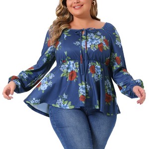 Women's Plus Size Floral Tie Keyhole Neck Long Sleeve Casual Peplum Blouse - Agnes Orinda - 1 of 4