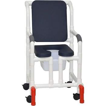 MJM International Corporation Shower chair 18 in width 3 in twin caster seat BLUE cushion padded back true 10 qt slide mode pail 300 lb wt