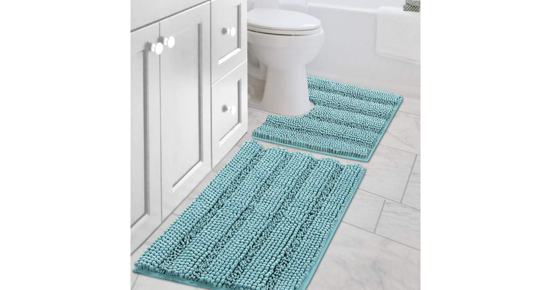 H.Versailtex 2 Pieces  Extra Thick Chenille Striped Pattern Shaggy Bath Rugs Include 1 Rectangle and 1 Toilet Rug