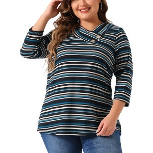 Agnes Orinda Women's Plus Size Comfy Knit 3/4 Sleeve V Neck Stripe Boho Casual Blouse - 1 of 4