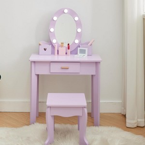 Vanity with Lighted Mirror, Makeup Table and Chair Set, Kids Play Vanity Desk, Pretend Makeup Playset for Girls - 1 of 4