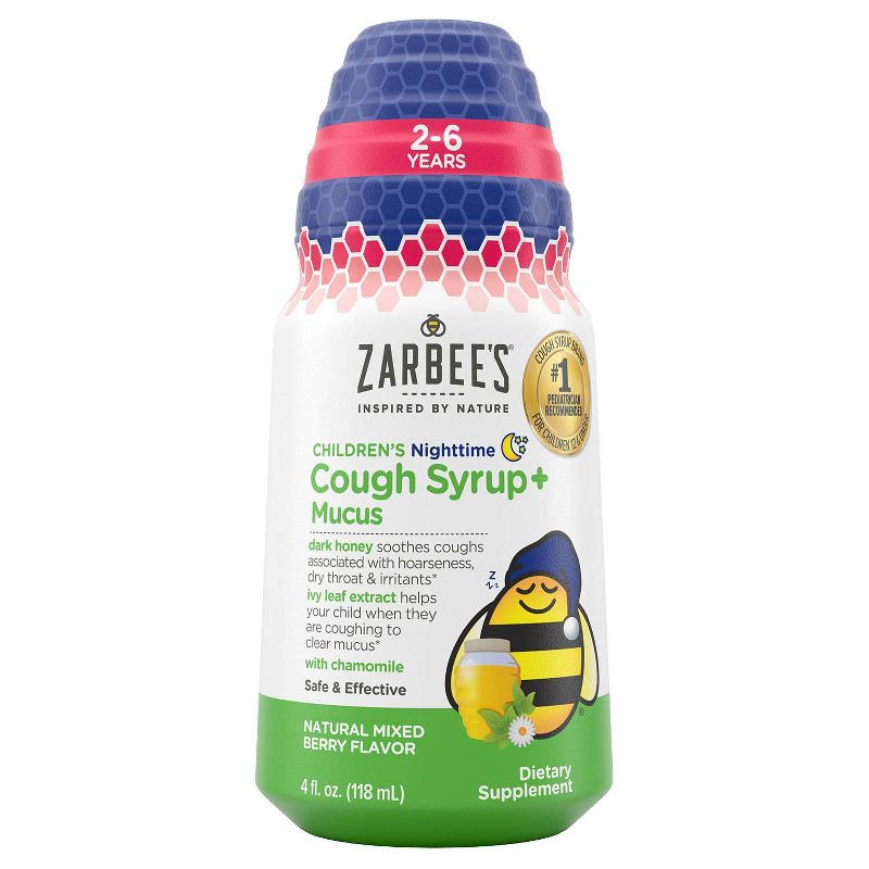 Zarbee&#39;s Kids Cough + Mucus Nighttime with Honey, Ivy leaf, Zinc &#38; Elderberry - Mixed Berry - 4 fl oz, 1 of 10