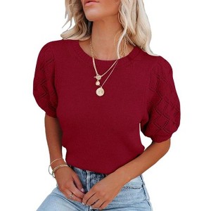 BLUEMING Sweater Tops for Women Short Sleeve Crew Neck Summer Knit Shirt Eyelet Knit Elbow Sleeve Tops - 1 of 3