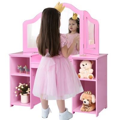 Infans Vanity Table Set Makeup Dressing Kids Girls Study Table Tri Folding Mirror  Pink