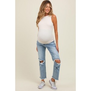 Pinkblush Light Blue Ripped Knee Fringe Hem Straight Leg Maternity Ankle Jeans - 1 of 4