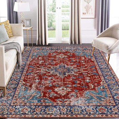 Washable Rug Area Rug Boho Traditional Fuzzy Carpet for Living Room, Bedroom Dining Room Kitchen Office Nursery, 5' x 7' Red