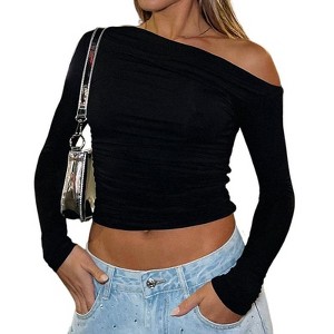 Coolmee Women's Casual Long Sleeve Boat Neck Off Shoulder Slim Fit Crop Top Going Out Blouses Tight Shirts - 1 of 4