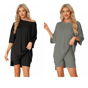INSPIRE CHIC Women's 2 Pcs Knit Loungewear 3/4 Sleeve T-Shirt with Bike Shorts Pajama Set - 1 of 4