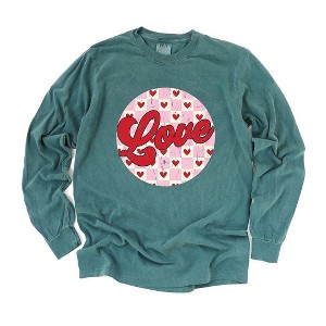 Simply Sage Market Women's Retro Love Checkered Circle Long Sleeve Garment Dyed Tee - 1 of 4