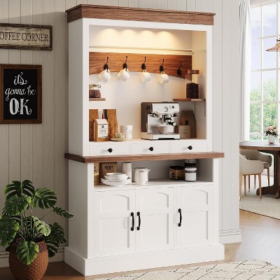 72" Tall Farmhouse Coffee Bar Hutch with Storage with LED Light, Sideboard Buffet Cabinet with Microwave Stand/Glass Shelf/6 Hooks/3 Drawers