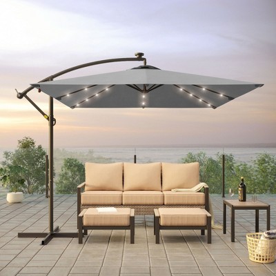 Sonkuki 8.2x8.2 FT Outdoor LED Solar Lighted Hanging Umbrella Patio Offset W/t Cross Fade-resistant, 360° Rotation