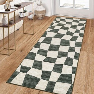 Acekool 2x6 Washable Plaid Rug – Modern Non-Slip Hallway Carpet, Stain-Resistant Geometric Design in Coastal Blue - 1 of 4