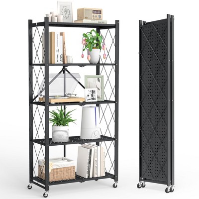 HONGGE Foldable 5-Tier Storage Shelves Tool-Free Steel Shelving Rack with Lockable Casters for Easy Storage