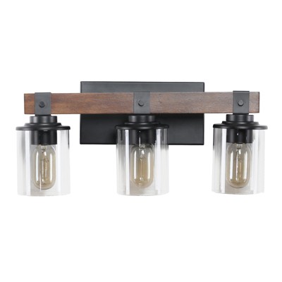 Dolonm 19" Rustic 3-Light Vanity Light, Industrial Bathroom Wall Sconce with Glass Shades and Wood Accent (No Bulbs)