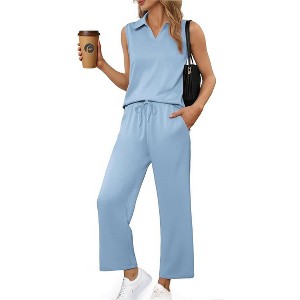 PINSPARK Two Piece Sets for Women Sleeveless Outfits Travel Tracksuit V Neck Top Wide Leg Pant Lounge Sets 2025 Summer - 1 of 4