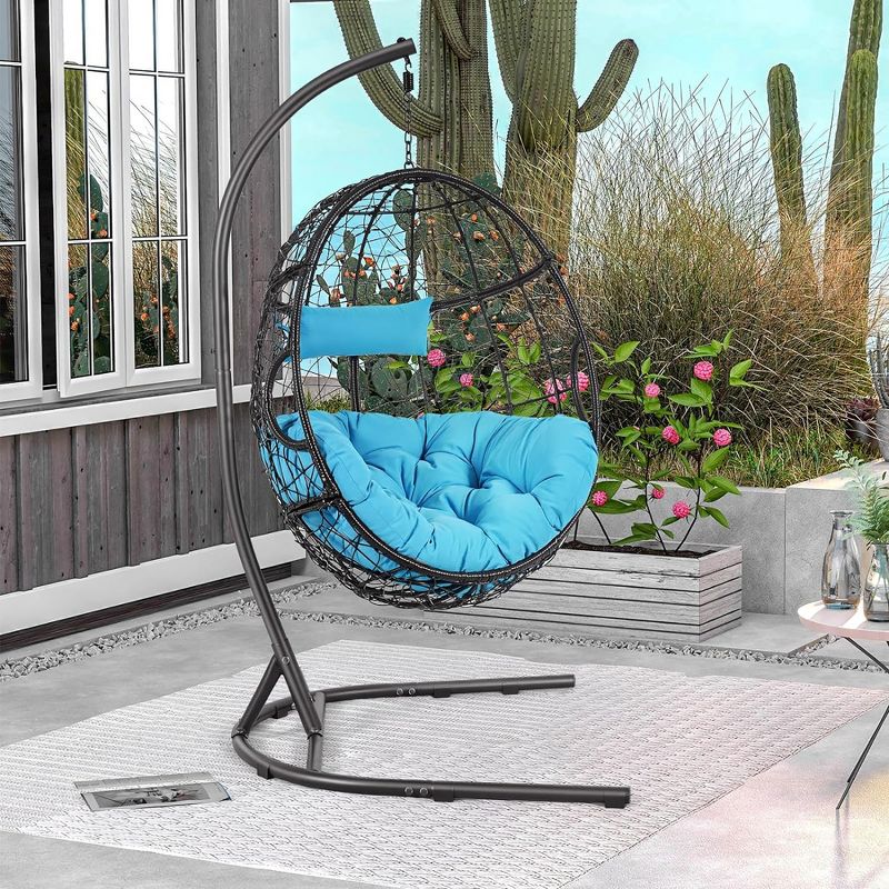 Tangkula Hanging Hammock Chair Egg Swing Chair w/ Blue Cushion Pillow Stand, 3 of 9