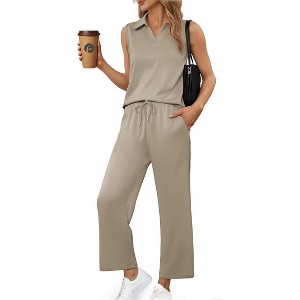 PINSPARK Two Piece Sets for Women Sleeveless Outfits Travel Tracksuit V Neck Top Wide Leg Pant Lounge Sets 2025 Summer - 1 of 4