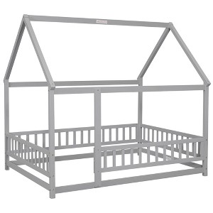 Full Size House Floor Bed With Roof Fence Guardrails Easy Assembly Multifunctional Playhouse Bed - 1 of 4