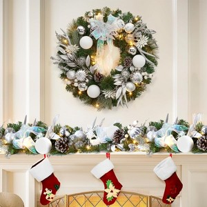 24in Prelit Christmas Wreath with LED Lights, Holiday Accent Garland, Ribbon Antlers, Indoor/Outdoor Christmas Balls Decor for Front Door Wall Window - 1 of 4