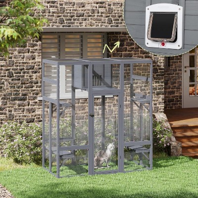 Sandinrayli Extra Large Cat Catio - 4-Way Pet Door, Outdoor Wood Insulation Condo, Patio Window Attach w/Weatherproof PVC Cover (Gray)