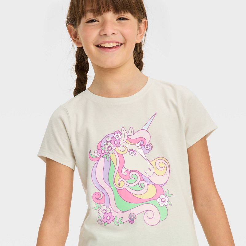 Girls' Short Sleeve 'Flower Crown Unicorn' Graphic T-Shirt - Cat & Jack™ Cream, 3 of 5