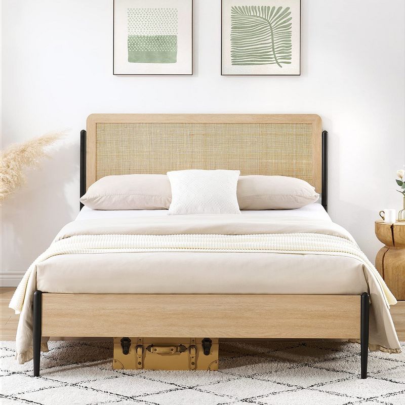 Full Queen Size Bed Frame with Rattan Headboard, Platform Bed Frame with Safe Rounded Corners, Strong Metal Slats Support, No Box Spring Needed, White Oak, 3 of 9