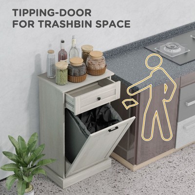 Vynxaria Kitchen Tilt Out Trash Bin Cabinet Free Standing Recycling Cabinet Trash Can Holder With Drawer, Light Gray