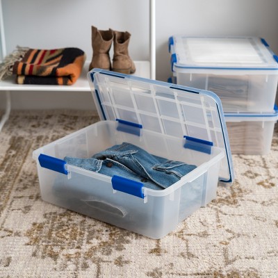 Clear and Blue 26.5 Quart Stackable Plastic Storage Boxes with Lids, 3 Pack