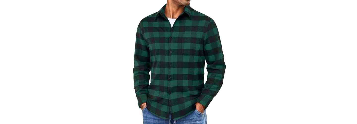 Мужская рубашка COOFANDY Lightweight Flannel Shirt Long Sleeve Plaid Shirt with Pocket Dark Green, цвет: Тёмный зелёный — фото 1