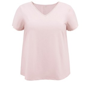 Women's Plus Size Crochet Trim V Neck Short Sleeve Dressy Casual Blouses - GRACE & GRANDEUR - 1 of 4