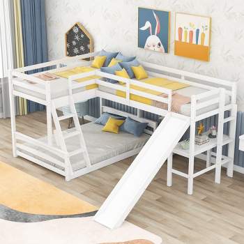 Twin over Full Bunk Bed with Twin Size Loft Bed with Desk, Slide and Full Length Rail - ModernLuxe