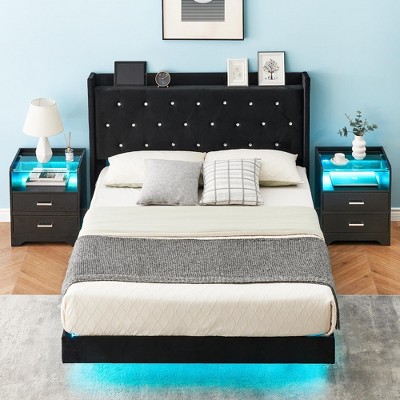 Queen Size Floating Bed Frame with LED Lights, Modern Upholstered Bed with Velvet Storage Headboard, No Box Spring Needed Noise Free, Black