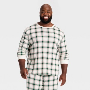 Men's Plaid Ribbed Long Sleeve Holiday Matching Family Pajama Shirt - Wondershop™ Cream - 1 of 4