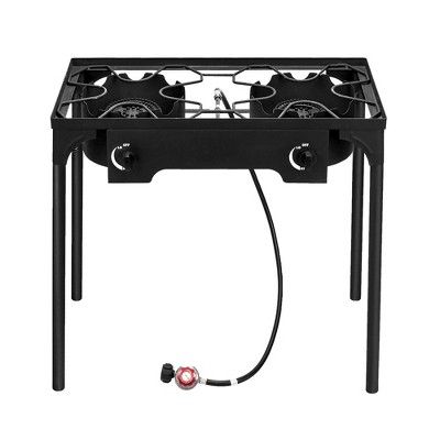 KTMBDW Outdoor Camp Stove High Pressure Propane Gas Cooker Portable Cast Iron Patio Cooking Burner (Double Burner 150000-BTU), Black
