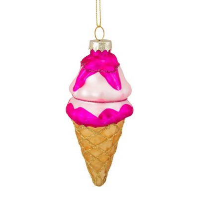 Northlight 4.25" Pink and Gold Glass Ice Cream Cone Christmas Ornament