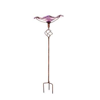 Evergreen 30"H Glass Bird Bath with Garden Stake, Purple Swirl- Fade and Weather Resistant Outdoor Decor for Homes, Yards and Gardens