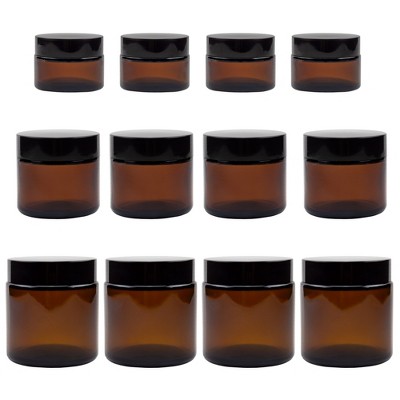 Cornucopia Brands Combo Pack of 1, 2 & 4oz Amber Glass Jars, Set of 12; Containers for Cosmetics, Lotions, & Balms