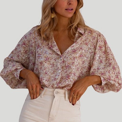 Amaryllis Women’s Floral Sequin Button Down Blouse with Long Puff Sleeves Textured Blouse