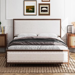 Vintage Wood Grain Metal Platform Bed Frame with Linen Headboard and Footboard - 1 of 4